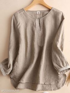 Solid Linen V-neck Shirt, Linen V-neck Shirt, Casual Cotton Collarless Tops, Casual Collarless Cotton Top, Linen Tops With Henley Neckline For Summer, Linen Henley Neckline Tops For Summer, Relaxed Fit Split Neck Blouse, Summer Linen Tops With Henley Neckline, Plain V-neck Relaxed Fit Blouse