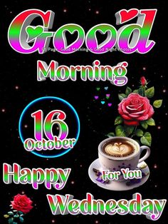 good morning messages for you with coffee and roses on the table, in front of a black background