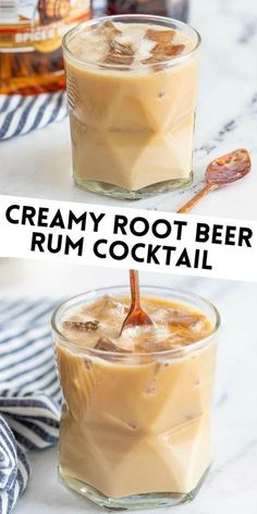 two images showing how to make creamy root beer rum cocktails with ice and caramel