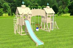 an animated rendering of a playground set with a slide and climbing frame in the grass