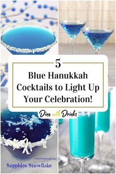 Collage of 4 blue hanukkah cocktails. Blue Christmas Drinks Holiday Cocktails, Light Blue Cocktails, Hannukah Cocktail, Chrismukkah Party, Chanukah Cocktails, Blue Cocktail Recipes, Hanukkah Party Food, Blue Alcoholic Drinks, Hanukah Appetizers