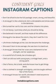 Looking for confident girl Instagram captions? We've got you covered! Discover a collection of empowering and inspiring captions for your Instagram posts, highlighting the strength and confidence that radiates from within. Boost your online presence with these catchy captions that perfectly capture your self-assurance and empower others to embrace their own confidence. Unleash your inner power with these confident girl Instagram captions now! Boundaries Captions, Boss Girl Captions, Bold Captions For Instagram, Boss Babe Captions, Fierce Captions, She Captions, Empowering Captions, Inspiring Captions, Glam Quotes