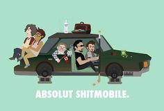 people sitting in the back of a green car with luggage on top and text about shitmobile