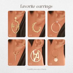 four different types of earrings on a woman's ear with the words favorite earrings