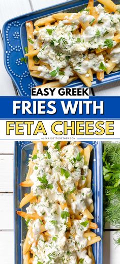 two pictures of fries with feta cheese and parsley on top, one is in a blue serving dish