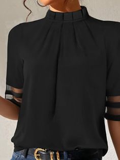 Non-stretch Black Short Sleeve Top, Office Crew Neck Blouse, Non-stretch Short Sleeve Tops For Work, Trendy Stretch Tops For The Office, Trendy Stretch Tops For Office, Black Shirt For Spring, Black Solid Color Shirt For Spring, Elegant Crew Neck Office Tops, Elegant Crew Neck Top For Office