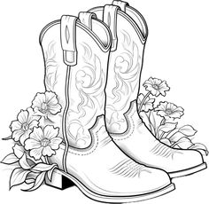 a pair of cowboy boots with flowers on the ground coloring page for kids and adults