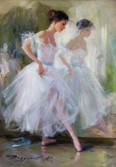 an oil painting of two ballerinas in white tutu skirts and pink ballet shoes