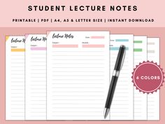 the printable student lecture notes are lined up on top of each other with a pen