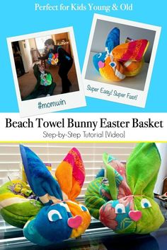 two stuffed animals sitting on top of a window sill with the words beach towel bunny easter basket