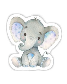 an elephant sticker with blue spots on it's face and ears, sitting in front of a white background