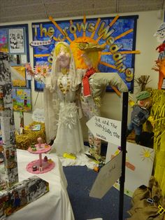 a display in a store with mannequins and other items on the table