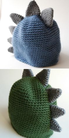 two knitted hats with different designs on them, one in blue and the other in green