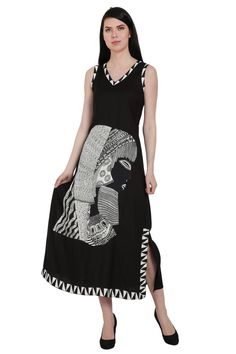 A long, a-line dress with a unique squared back neckline. The front is accented by an exquisite block-print portrait of a woman, thoughtfully balanced by the geometric trims along the garment edges. Block Print Fitted Maxi Dress, Elegant Cotton Dresses With Side Slits, Fitted Block Print Maxi Dress, Sale Promotion, Free Giveaway, I Dress, Block Print, A Line Dress, Beautiful Dresses