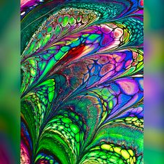 an abstract painting with multicolored lines and curves in green, blue, pink, purple, and yellow