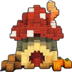 an image of a mushroom house with pumpkins around it