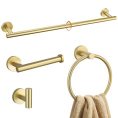 an image of bathroom accessories set with towel and toilet paper holder in gold color on white background