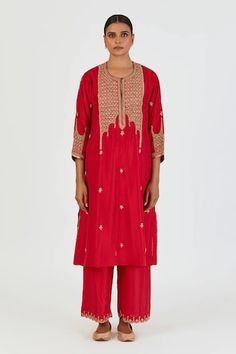 Red kurta featuring marodi embroidered floral and scalloped archway motifs highlighted by sequin embellishments. Comes with scalloped hem pant. - Aza Fashions Elegant Red Palazzo Set With Intricate Embroidery, Red Chikankari Embroidery Sharara For Reception, Red Kurta With Floral Embroidery For Transitional Season, Red Floral Embroidered Kurta For Transitional Season, Red Floral Embroidery Kurta For Transitional Season, Elegant Red Sharara With Floral Embroidery, Elegant Red Palazzo Set With Chikankari Embroidery, Elegant Red Sharara With Chikankari Embroidery, Red Kurta