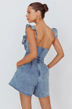 Shop the Nola Flared Ruffle Romper Denim | Selfie Leslie Spring Jumpsuits And Rompers With Ruffled Straps, Chic Spring Jumpsuits And Rompers With Ruffled Straps, Chic Jumpsuits And Rompers With Ruffled Straps For Spring, Spring Denim Jumpsuit With Ruffles, Trendy Denim Jumpsuit With Ruffles For Spring, Blue Denim Jumpsuit With Ruffles, Spring Ruffle Overalls, Spring Ruffled Overalls, Casual Ruffled Jumpsuits And Rompers