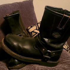 Harley Davidson Men's Riding Boots. My Husband Wore Them 3 Times But Rather Wear Other Boots. There Are Some Minor Scuffs On The Left Toe Part From Clutch Shifting. Outdoor Biker Work Boots, Mens Riding Boots, Harley Davidson Shoes, Harley Davidson Men, My Husband, Riding Boots, Harley Davidson, Men's Shoes, Shoe Boots