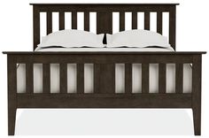 a wooden bed frame with white pillows and sheets on top of it, against a white background