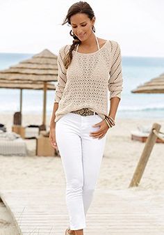 Women's Clothing: Resort Wear & Beachwear Attire for Women Open Knit Sweater Outfit Summer, Greece Outfit Ideas Over 50, Casual Outfits 40s, Apple Shape Vacation Outfits, Resort Dinner Outfit Classy, Chic Stretch Jeans For Day Out, Stretch Mid-rise Pants For Day Out, Chic Stretch Ankle-length Jeans, Spring Fashion 2023 Casual