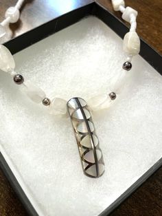 White Quartz Necklace  Geometric Abalone Shell Pendant 925 Sterling Silver 19" White Quartz, Shell Pendant, Abalone Shell, Quartz Necklace, Fine Jewellery Necklace, White Beads, Jewelry Vintage