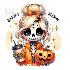 a drawing of a skeleton girl holding a cup of coffee and wearing a pumpkin costume