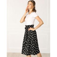 From Monday to Sunday, this skirt is effortless to throw on. Crafted from a lightweight fabric, this skirt features polka-dots prints, an elastic waist, a waist belt, and an A-line silhouette. Simple and vintage, the waist belt lends an elegant touch, making this skirt an option for your next social gathering. With the design of an elastic waist, this skirt can accentuate your graceful figure. Pair it perfectly with sandals or high heels for a stylish look. Cheap Polka Dot Skirt For Women, Cheap Casual Polka Dot Skirt, Fitted Midi Skirt, Midi Skirt With Pockets, Basic Blouses, Printed Midi Skirt, Black Midi Skirt, Casual Work Outfits, Women's Skirts