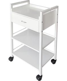 a white cart with two drawers and wheels on the bottom, one drawer is open