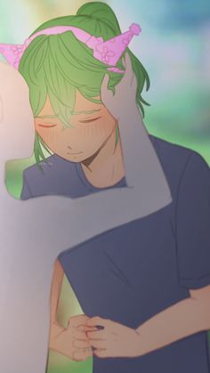 an anime character with green hair and pink bows on her head hugging another character's shoulder