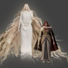 two different types of costumes on display in front of a gray background, one with long blonde hair and the other white