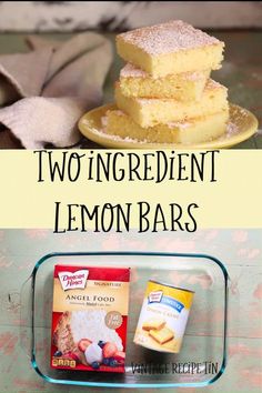 two ingredient lemon bars are stacked on top of each other with the words, two ingredient lemon bars