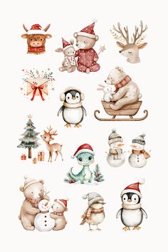 Animals Stickers, Nursery Decorations, New Year Illustration, Christmas Collage, Winter Background, Cute Watercolor, Xmas Cookies, Watercolor Illustrations, Christmas Lettering