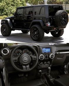 the interior and dashboard of a black jeep