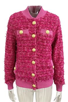 Hello, lovely ladies! Be pretty in pink with Catia's Pink Tweed Bomber Jacket. This jacket features a high neckline, luxurious tweed material, and elegant gold snap buttons. With handy side pockets, it's both chic. Elevate your style; make this pink beauty yours today and rock your look with confidence. Buy yours now! Pink Tweed Jacket, Pink Tweed, Winter Coats Jackets, Knitwear Cardigan, Winter Coats Women, Jacket Buttons, Tweed Jacket, Blazers For Women, Jacket Style