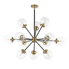 an antique brass chandelier with clear glass globes on the arms and sides