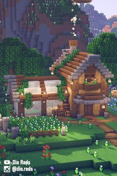 an image of a small house in the middle of some flowers and trees with stairs leading up to it