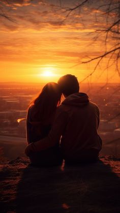 two people sitting on top of a hill at sunset