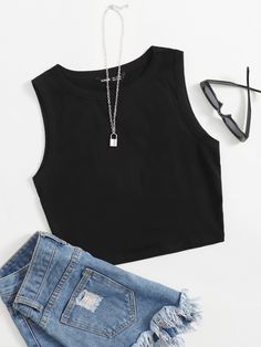 Black Basics   Cotton Plain Tank Embellished Slight Stretch Summer Women Tops, Blouses & Tee Crop Top Noir, Slim Tank Top, Black Crop Top Tank, Crop Top Outfits, Cute Crop Tops, Really Cute Outfits, Black Crop Tops, Outfits Casuales, Cute Casual Outfits