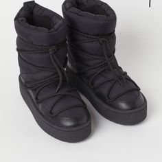 New No Box Never Worn Or Used Size 10 Padded Black Ankle Boot Quilted Nylon With Faux Leather Laces Over Foot Big Laces Shoes, Black Casual Nylon Boots, Casual Black Nylon Boots, H&m Leather Winter Boots, Casual Winter Boots By H&m, Trendy H&m Winter Boots, H&m Casual Winter Boots, Casual H&m Winter Boots, Padded Boots