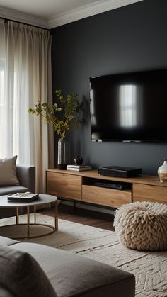 a living room filled with furniture and a flat screen tv mounted to the side of a wall