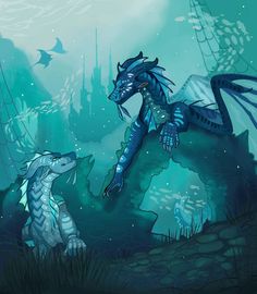 a blue dragon and a white fish in the water near each other, with seaweed all around them