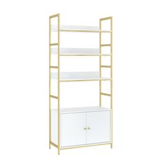 a white and gold shelving unit with drawers