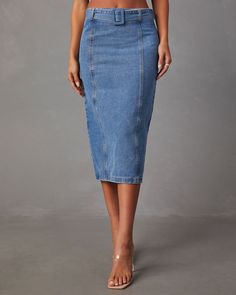 The Marie Belted Denim Midi Skirt is super easy to dress up or down. It comes with a built-in belt, back hem slit and zipper closure in a sleek, pocketless design. It's a full outfit when paired with the Marie Cropped Denim Tube Top. High rise Non-stretch Built-in belt detail Back zipper closure 90% Cotton 10% Polyester Denim Tube Top, Western Wear Dresses, Denim Midi Skirt, Dresses By Length, Wrap Sweater, Fall Shopping, Cropped Denim, New Arrival Dress, Sweater And Shorts