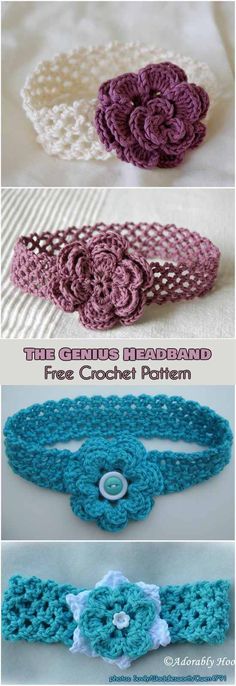 four crocheted headbands with flowers and buttons in different colors are shown