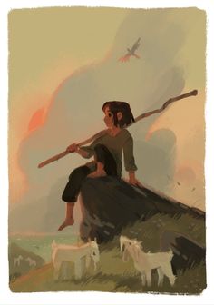 a woman sitting on top of a hill holding a stick