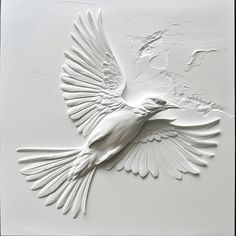 a white bird is flying in the air with it's wings spread wide open