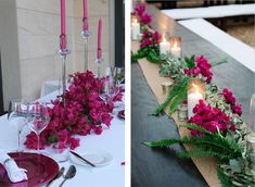 the table is set with candles and flowers