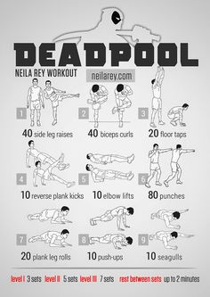 the dead pool workout poster shows how to do it in less than 10 minutes, with instructions